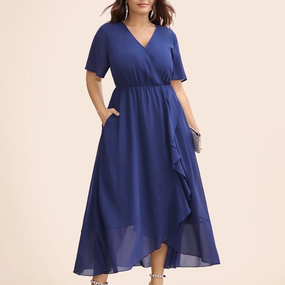 Dress 18/20 (2X)- Midi Blue Chiffon Wrap Inspired Ruffle V's Surplice Party Plus - Picture 2 of 5